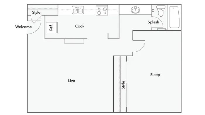 1 BR x 1 BA - A Floorplan |  ReNew Greenway in Houston
