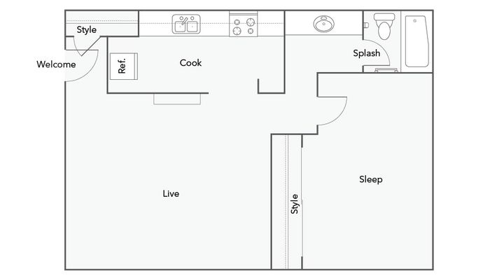 1 BR x 1 BA - B Floorplan | ReNew Greenway in Houston