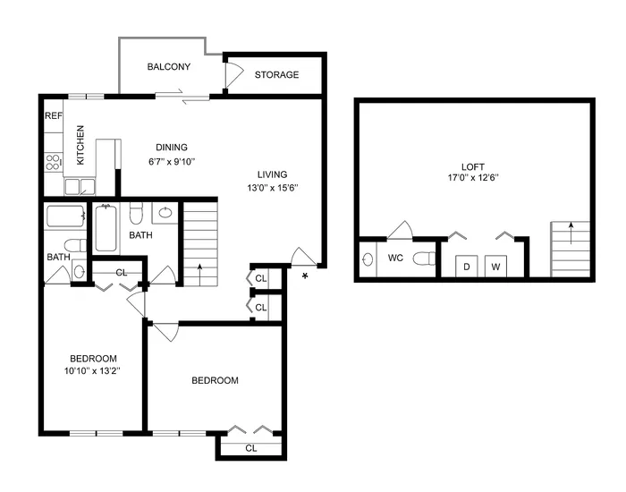 2x2.5 Loft | 2-Bedroom Floorplan