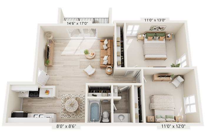 Brand New 2BR x 1BA - A Floorplan