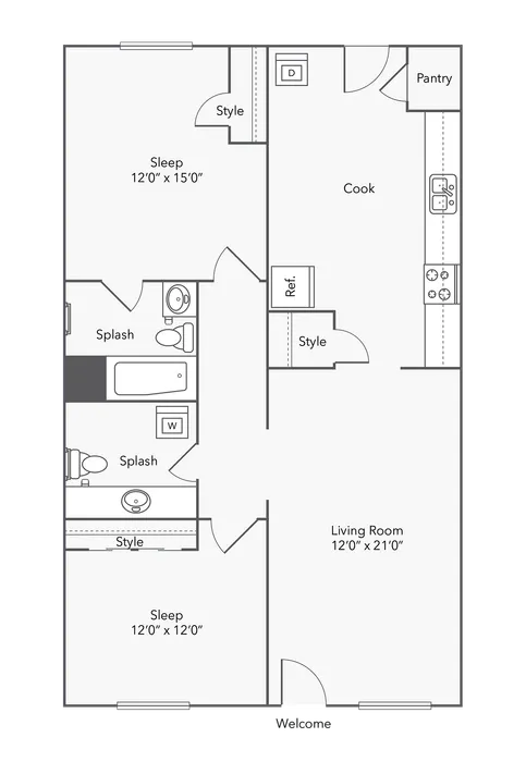 2 BR x 1.5 BA with Washer/Dryer Floorplan - ReNew Bartlett Village in Bartlett, TN