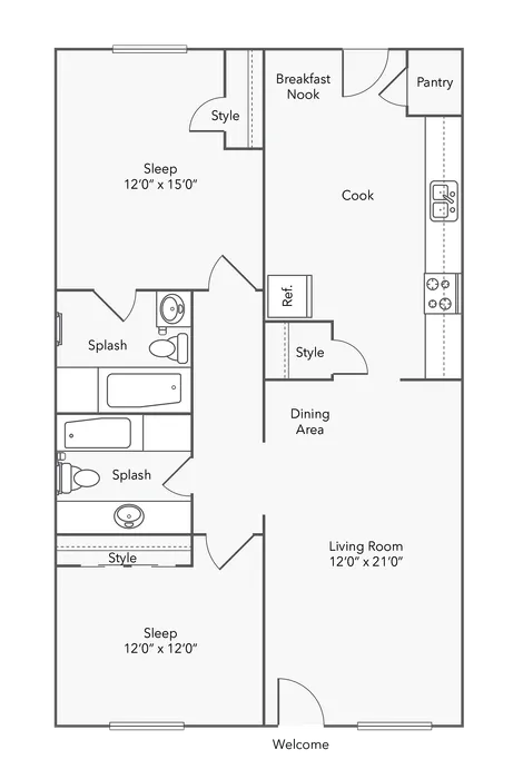 2 BR x 2 BA Floorplan - ReNew Bartlett Village in Bartlett, TN