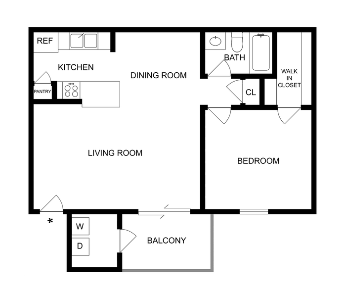 1 BR x 1 BA - B Floorplan