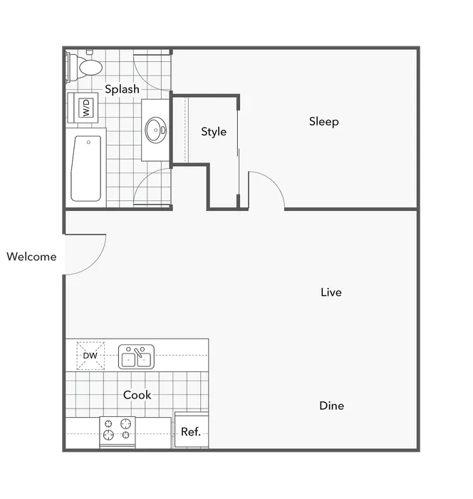 1 BR x 1 BA with Washer & Dryer Floorplan