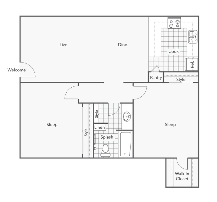 2 BR x 1 BA - B Floorplan