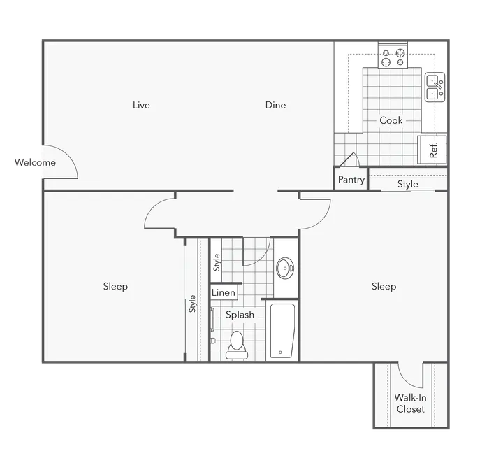2 BR x 1 BA - C Floorplan