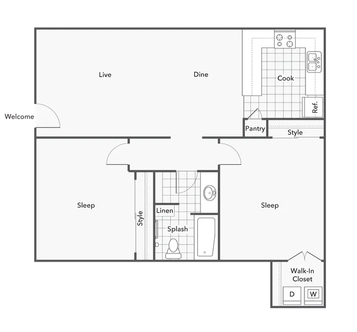 2 BR x 1 BA with Washer & Dryer - A Floorplan