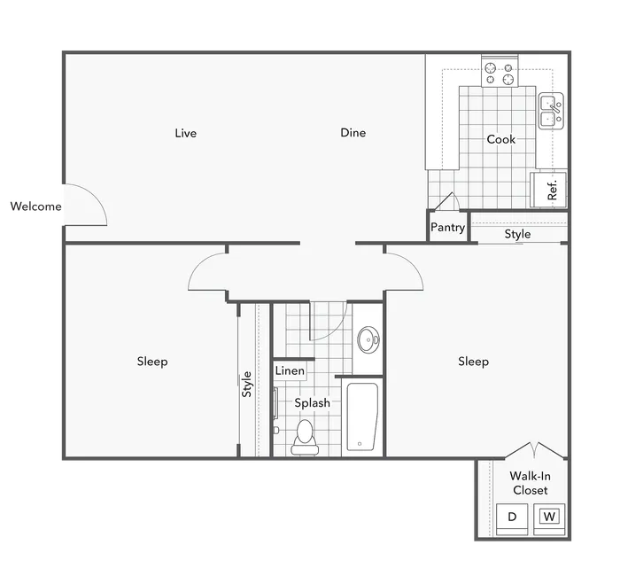 2 BR x 1 BA with Washer & Dryer - B Floorplan