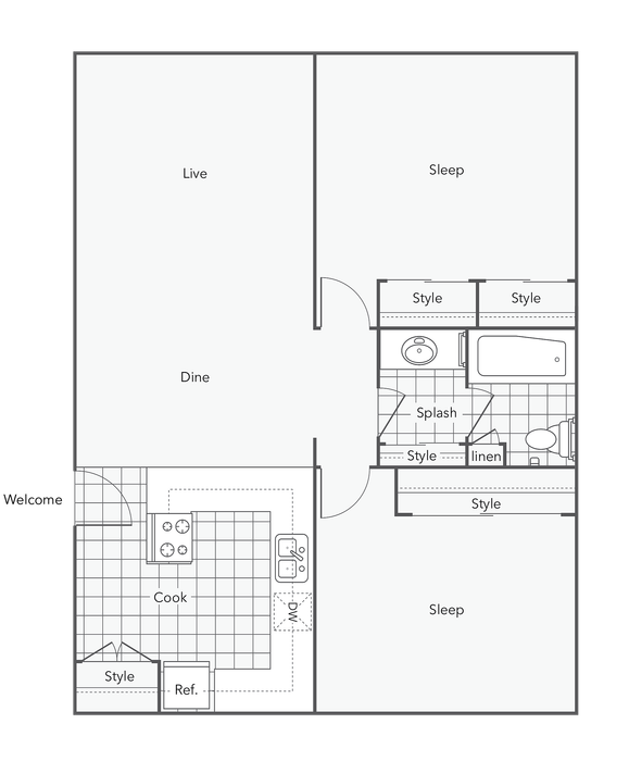 2 BR x 1 BA - C Floorplan