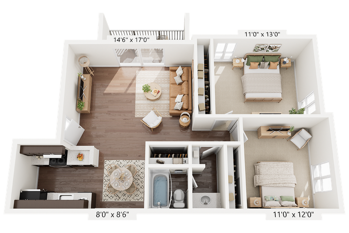 2BR x 1BA - A Floorplan