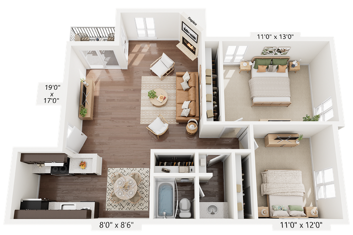2BR x 1BA - B Floorplan