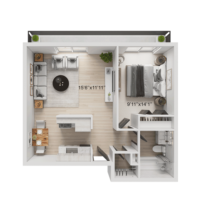 1 BR x 1 BA with Washer/Dryer Floorplan - Renovated