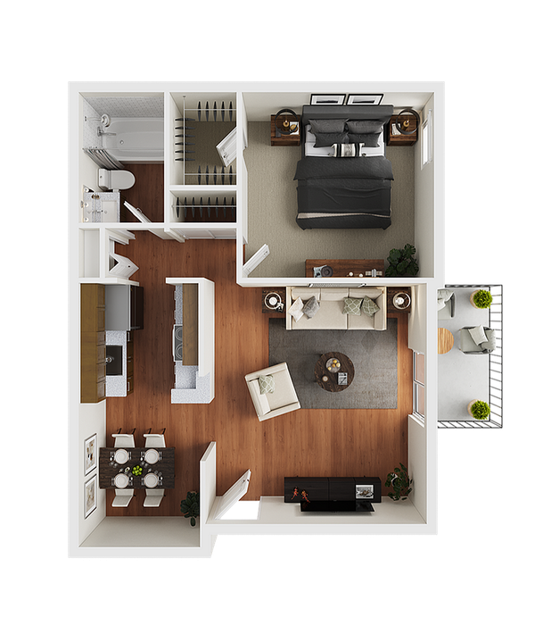 1 BR x 1 BA - B Floorplan - Classic