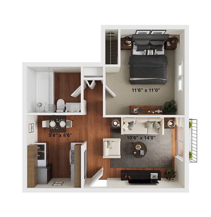 1 BR x 1 BA - A Floorplan - Classic