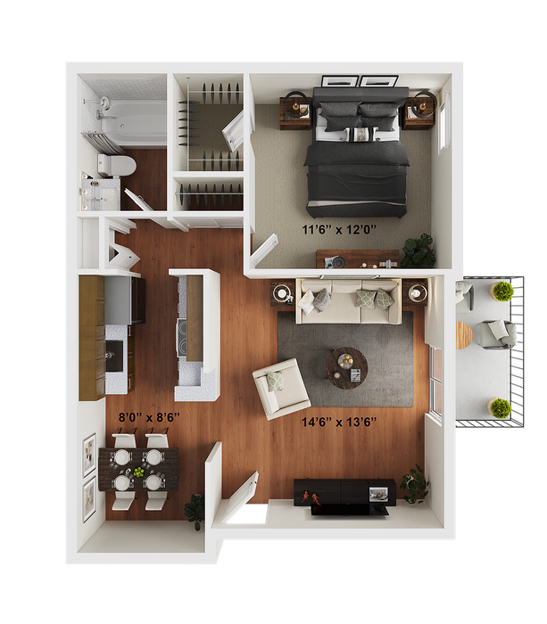 1 BR x 1 BA - B Floorplan - Classic