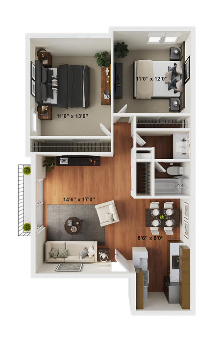 2 BR x 1 BA - A Floorplan - Classic