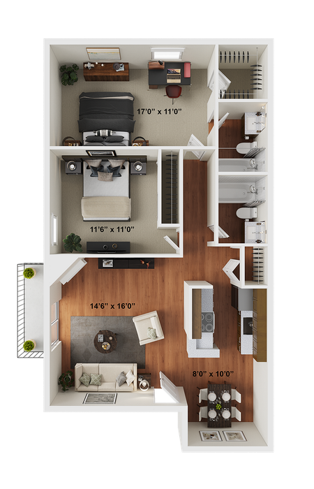 2 BR x 2 BA - A Floorplan - Classic