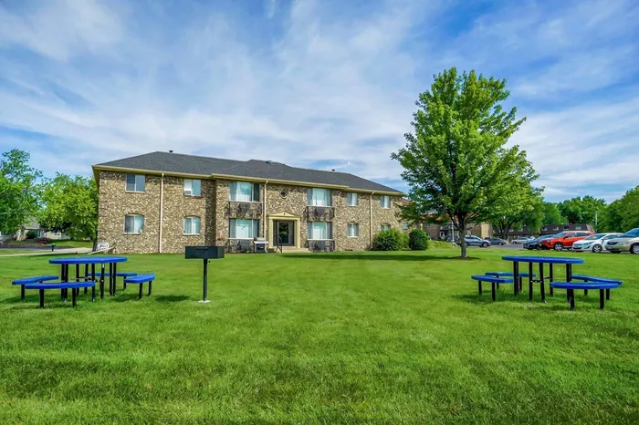 Exterior view of Stone Point Apartments in Menomonee Falls, Wisconsin.