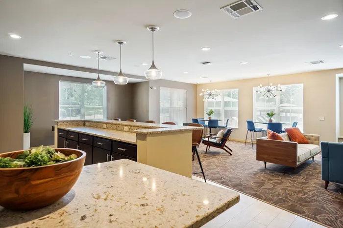 Community clubhouse at Elan Apartments in Fitchburg, Wisconsin featuring shared indoor amenities for residents.