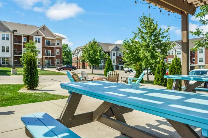 Outdoor picnic area at Elan Apartments in Fitchburg, Wisconsin offering shared seating and green space for residents.