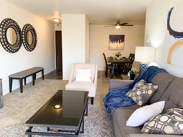 Living room at Ridge View Apartments in St. Francis, Wisconsin with comfortable layouts and natural light.