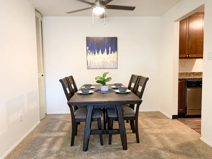Dining area at Ridge View Apartments in St. Francis, Wisconsin offering space for everyday meals and gatherings.
