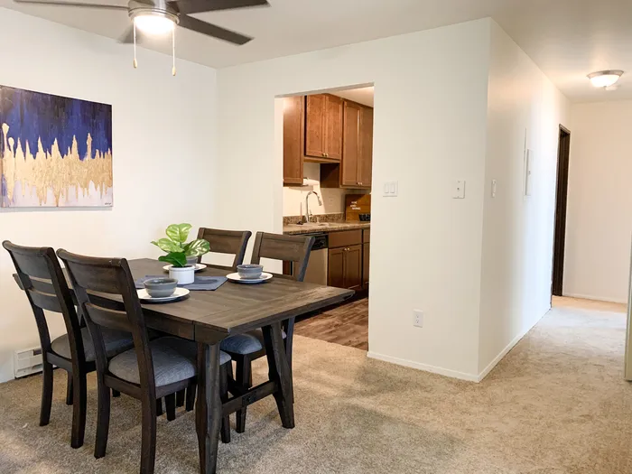 Dining area at Ridge View Apartments in St. Francis, Wisconsin offering space for everyday meals and gatherings.