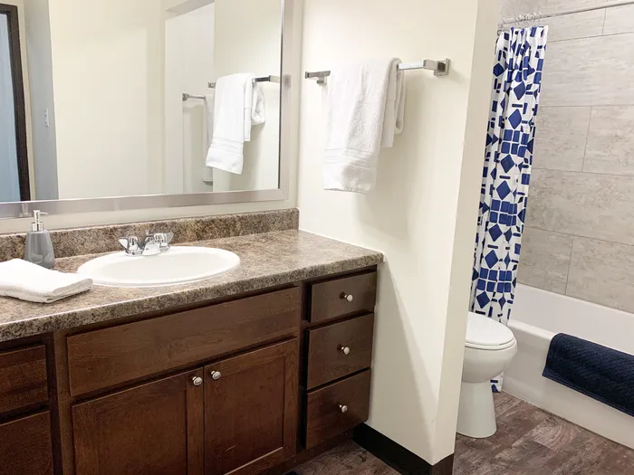 Bathroom at Ridge View Apartments in St. Francis, Wisconsin with clean finishes and practical design.