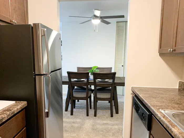 Kitchen at Ridge View Apartments in St. Francis, Wisconsin featuring functional layouts and ample storage.