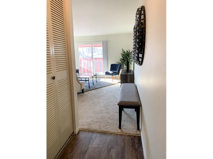 Interior hallway at Ridge View Apartments in St. Francis, Wisconsin connecting residential units.