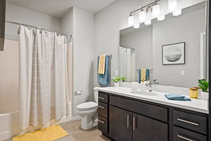 Apartment bathroom at The 85 at Maple Grove with modern fixtures and clean design in Madison, Wisconsin.