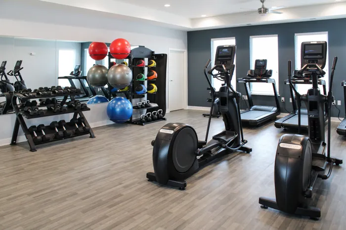 24-hour fitness center at High Bluff at Creekwood Crossing in Menomonee Falls, Wisconsin, available for resident use.