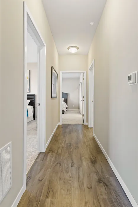 Interior apartment hallway at High Bluff at Creekwood Crossing in Menomonee Falls, Wisconsin.