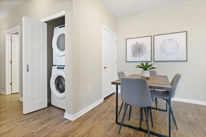 In-unit washer and dryer at Seasons at North Aurora Apartments in North Aurora, Illinois for everyday convenience.urora Apartments in North Aurora, Illinois. Luxury, condo style, studio, 1 bedroom, 2 bedroom, and 3 bedroom apartments, with private garages and entries