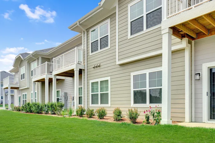 Exterior view of apartment buildings at High Bluff at Creekwood Crossing in Menomonee Falls, Wisconsin.