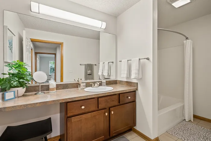 Bathroom at Riverwood Apartments in Kenosha, Wisconsin featuring clean finishes and functional design.