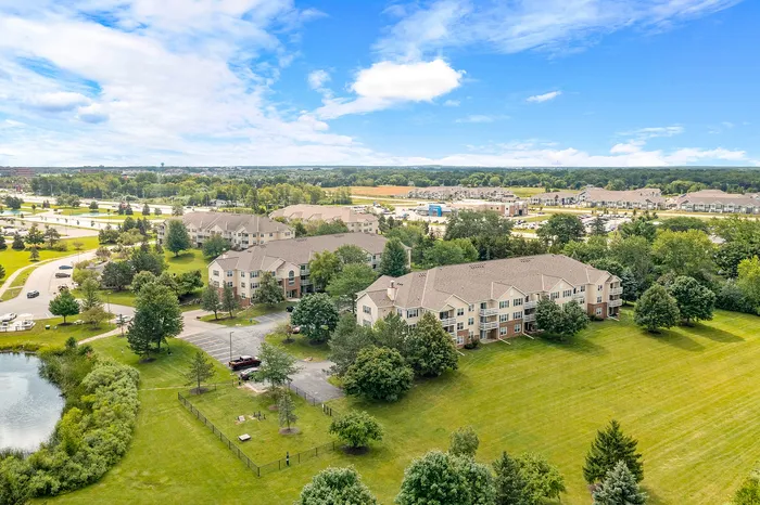 Aerial view of Riverwood Apartments in Kenosha, Wisconsin showcasing the community layout and surroundings.