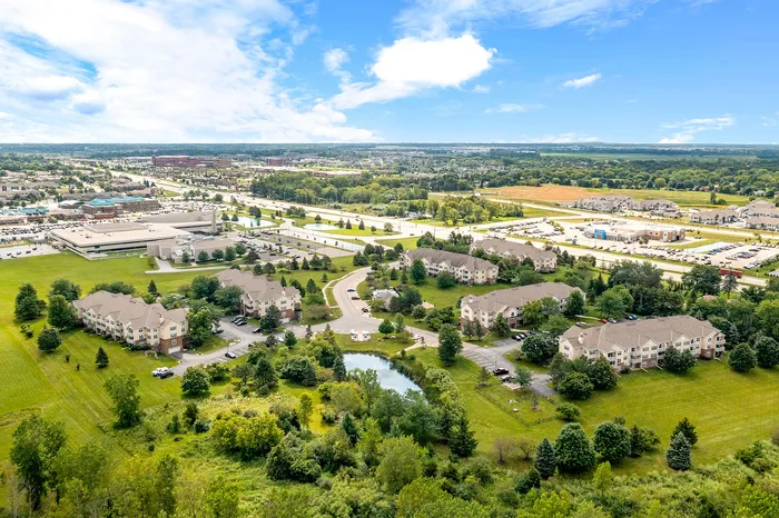 Aerial view of Riverwood Apartments in Kenosha, Wisconsin showcasing the community layout and surroundings.