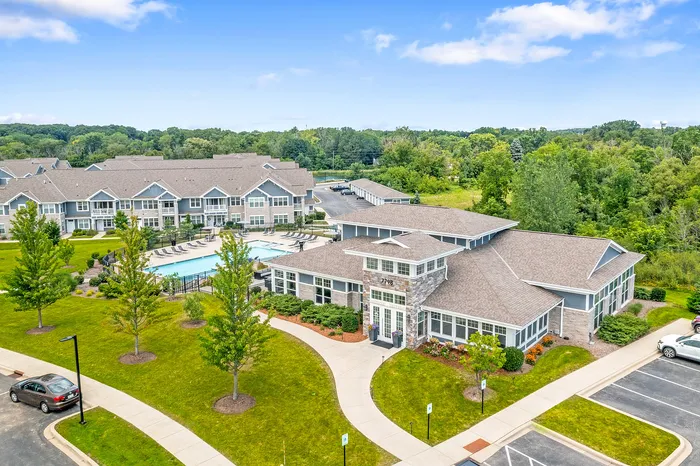 Aerial view of Drexel Ridge Apartments in Oak Creek, Wisconsin showcasing the community layout and surrounding area.
