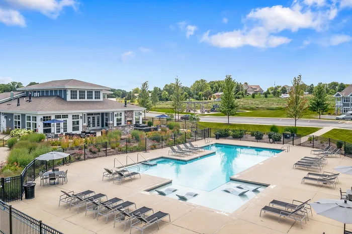 Aerial view of Drexel Ridge Apartments in Oak Creek, Wisconsin showcasing the community layout and surrounding area.