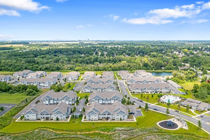 Aerial view of Drexel Ridge Apartments in Oak Creek, Wisconsin showcasing the community layout and surrounding area.
