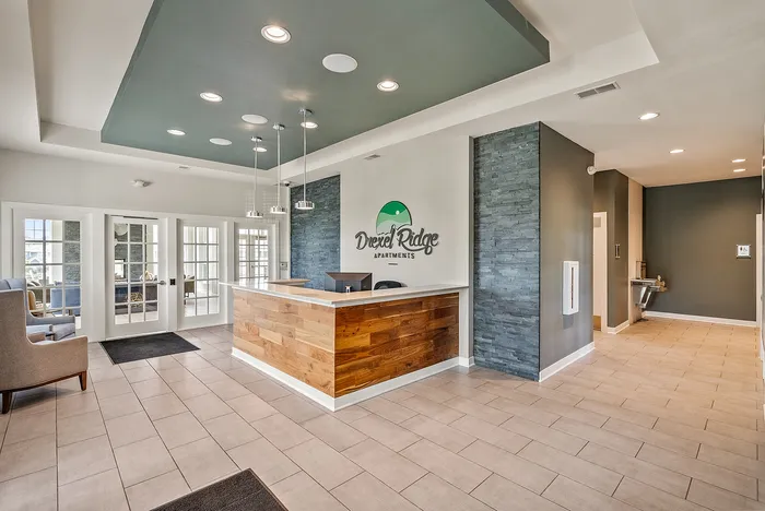 Main lobby at Drexel Ridge Apartments in Oak Creek, Wisconsin designed for resident access and seating.