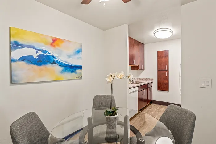 Apartments Dining room area at Fitchburg Square Apartments in Fitchburg, Wisconsin, offering comfortable space for everyday meals within 1 bedroom and 2 bedroom apartments.Fitchburg, Wisconsin. Fitchburg Square Apartments offers, 1 bedroom and 2 bedroom apartments.