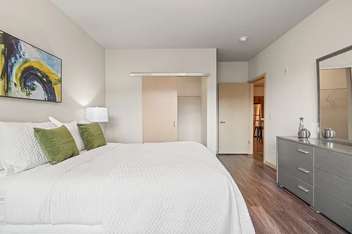 Bedroom at Elan Apartments in Fitchburg, Wisconsin designed for comfort and privacy.