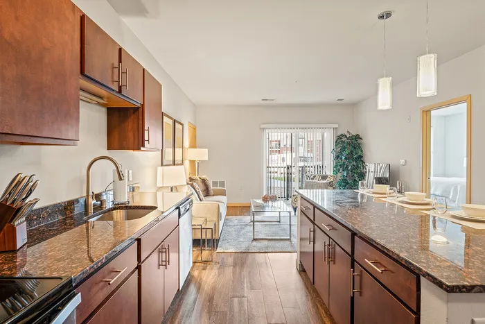 Apartment kitchen at Elan Apartments in Fitchburg, Wisconsin featuring modern finishes and appliances.