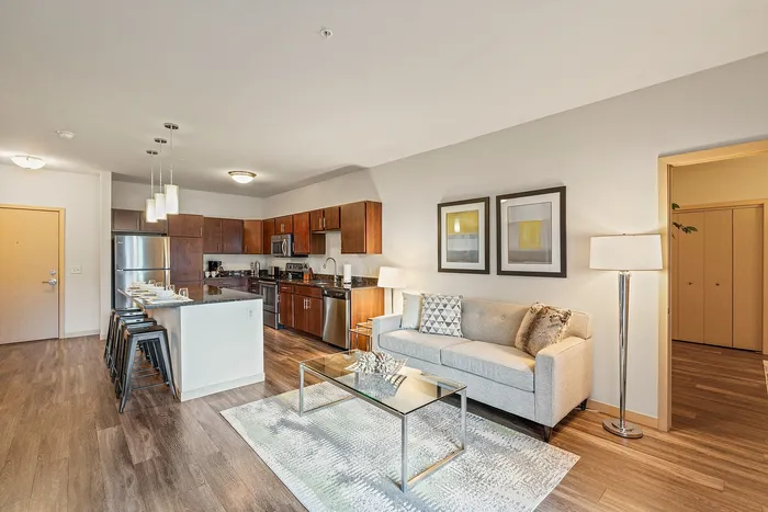Living room at Elan Apartments in Fitchburg, Wisconsin showcasing open layouts and natural light.