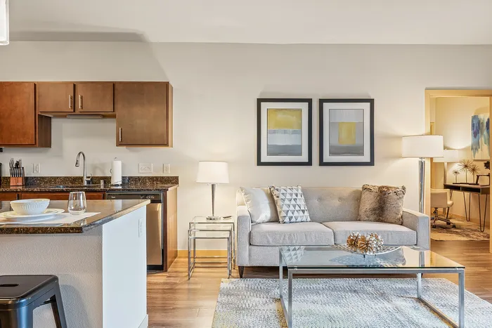 Living room at Elan Apartments in Fitchburg, Wisconsin showcasing open layouts and natural light.