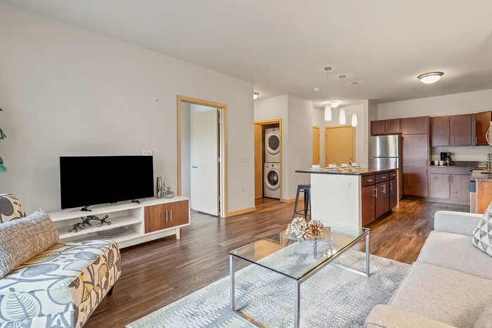 Living room at Elan Apartments in Fitchburg, Wisconsin showcasing open layouts and natural light.