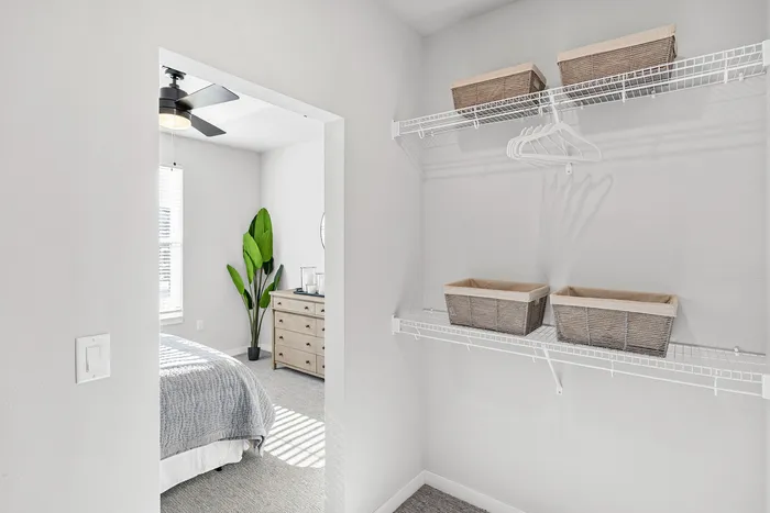 Modern apartment walk-in closet with contemporary finishes at Apex at Verona in Verona, WI