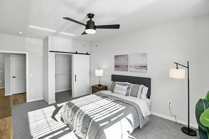 Modern model apartment bedroom with contemporary finishes at Apex at Verona in Verona, WI.
